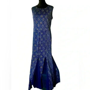 CARDALITE women’s evening gown, navy blue & metallic gold sz 1X formal dress EUC